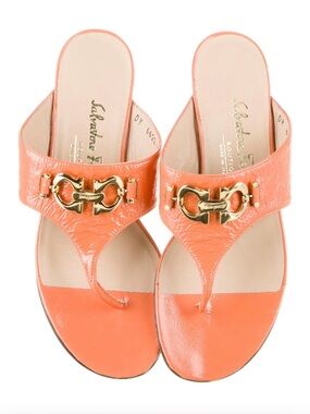 Salvatore Ferragamo Coral Patent Thong Sandals with Gold Hardware